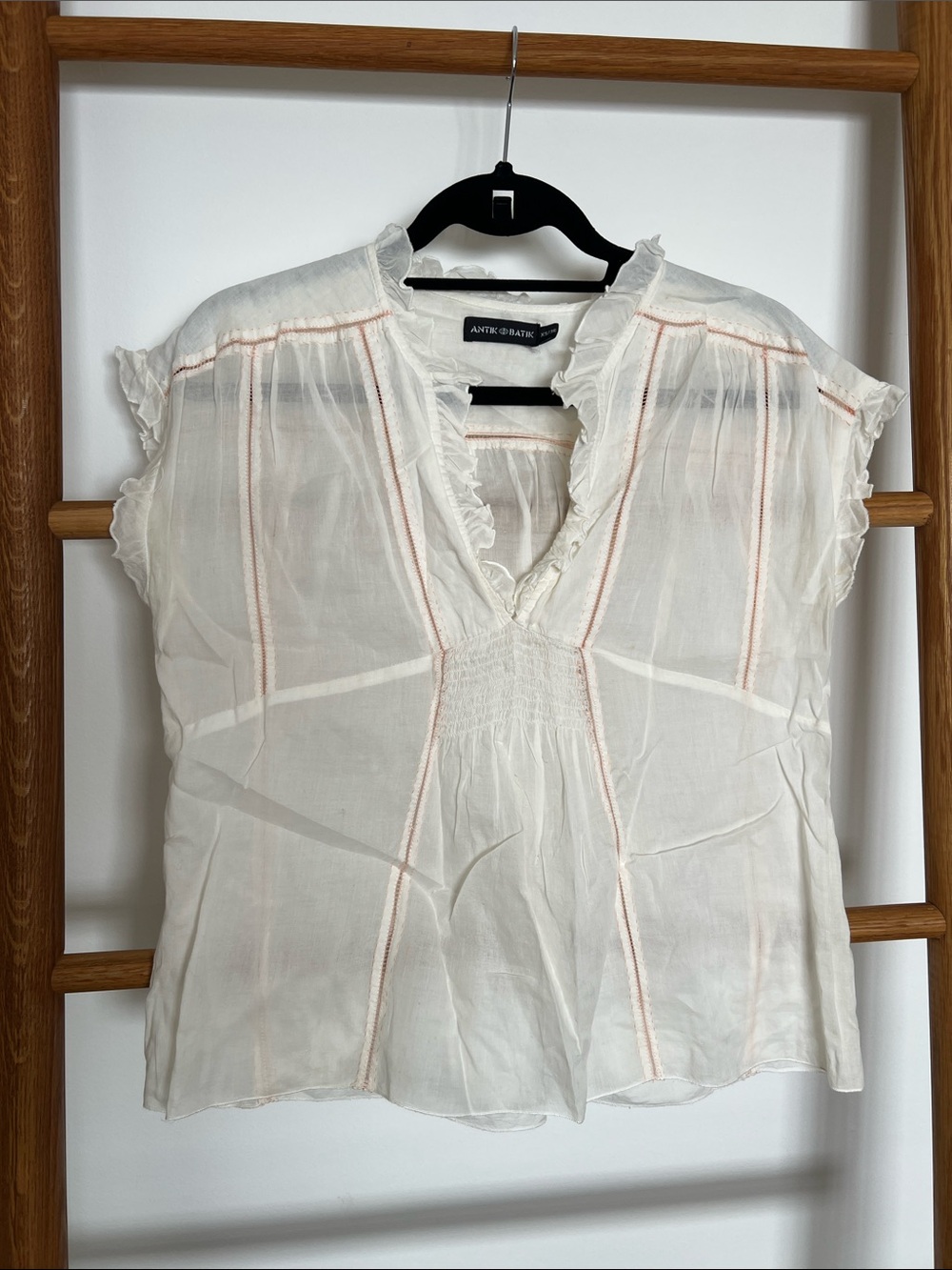 Antik Batik Ivory Sheer V-Neck Blouse with Peach Stitching